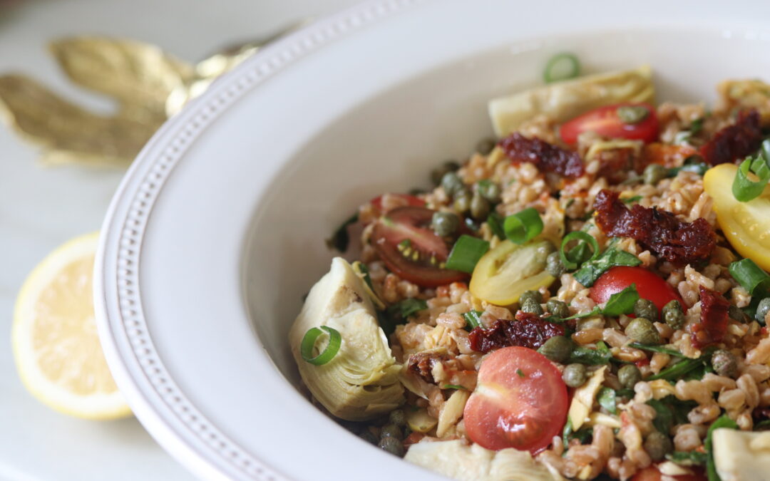 You’ll love this tangy Farro Salad with Artichoke + Sundried Tomato